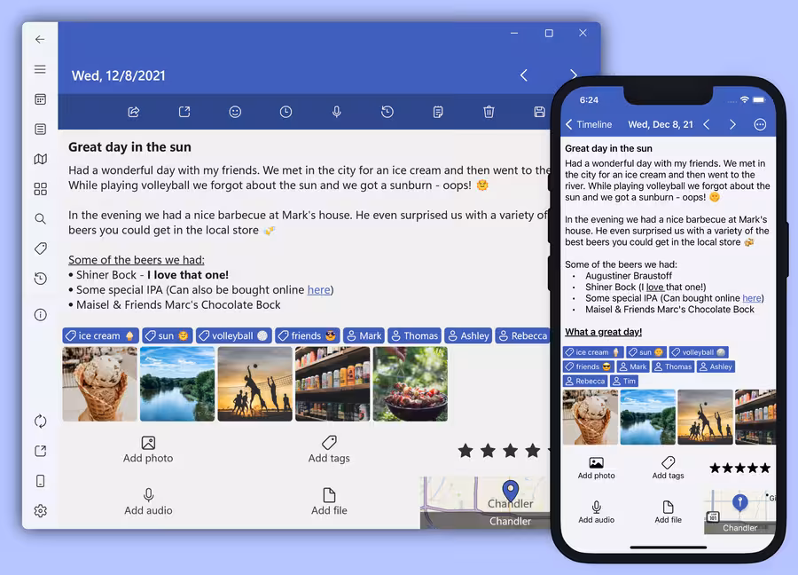Diarium journal entry with text formatting, photos and attachments