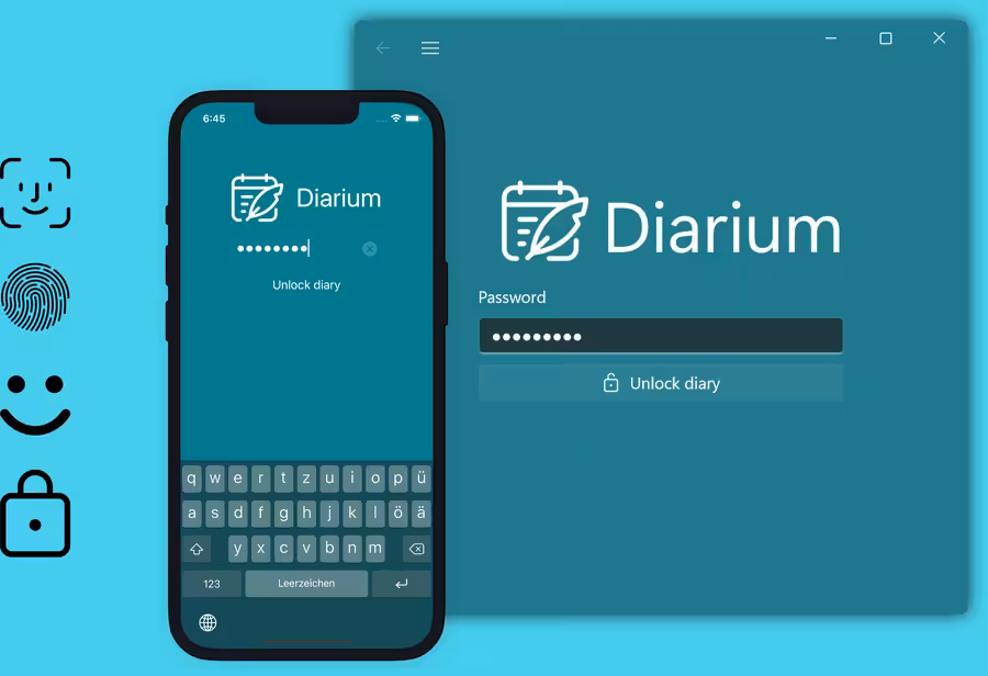 Diarium private diary protected with password PIN and biometric unlock